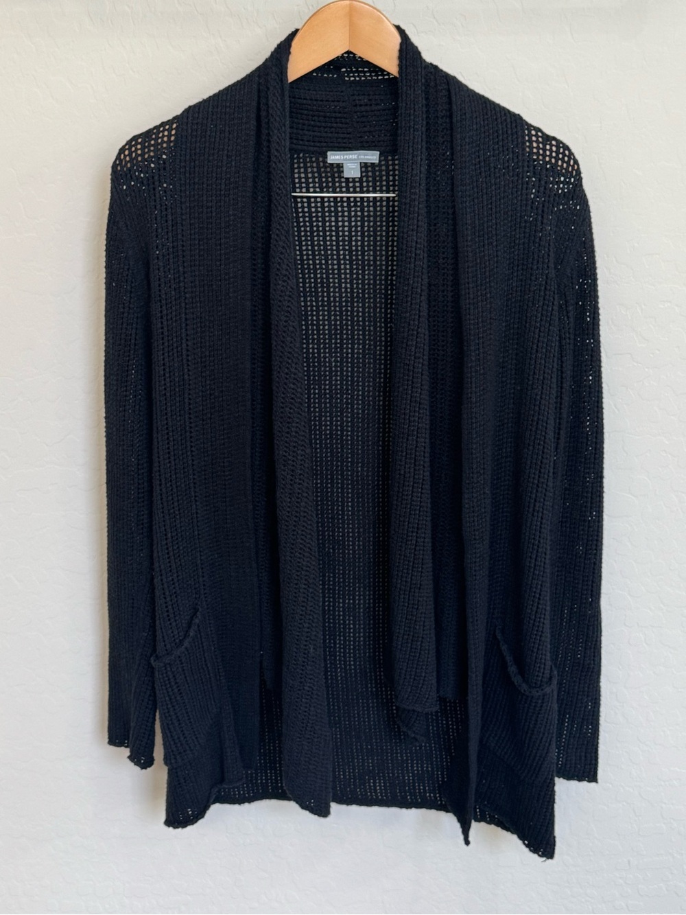 James Perse Black Open Waffle Knit Shawl Collar Draped Cardigan Size 1 Small